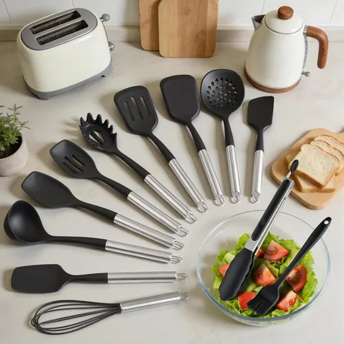 Vista 2 de Juego de utensilios de cocina de 12 piezas, herramientas de cocina de silicona con mango de acero inoxidable, espátula sin BPA, juego de cucharón