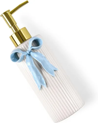 Vista 4 de Dispensador de jabón de cerámica hecho a mano, dispensador de líquido de loción para manos, recargable para decoración de cocina y baño (azul cinta)