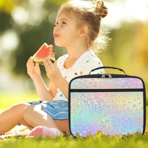 Vista 6 de Lonchera con estampado de leopardo para niños, con estampado de leopardo, bolsa de almuerzo aislada para niños y niñas, reutilizable, contenedor