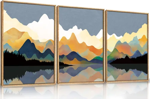 Vista 36 de Lienzo decorativo abstracto grande con marco naranja quemado, decoración de pared azul neutro y negro, arte moderno con pinceladas, impresión