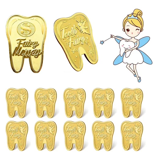 Vista 10 de Monedas de hada de dientes, 10 piezas de recompensa conmemorativa de dientes perdidos, moneda conmemorativa de dientes dentales, moneda de metal