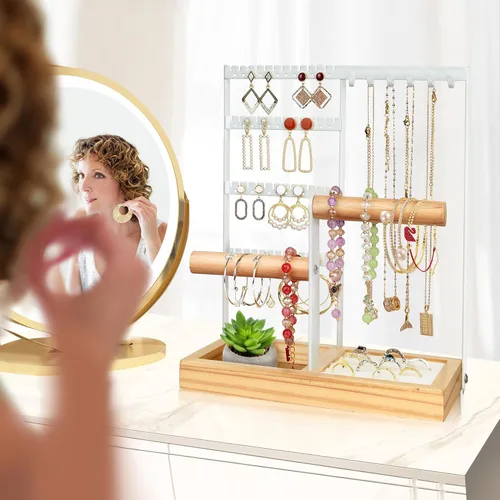 Vista 2 de Espistmo Organizador de joyas, organizador de joyas de 4 niveles, organizador de aretes con 48 agujeros, 6 ganchos para collares, pulseras y soporte