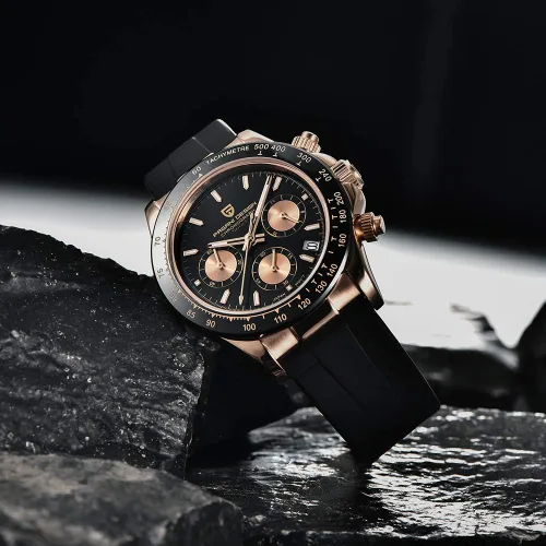 Vista 3 de Pagani Design Relojes mecánicos automáticos de lujo para hombre, esfera de esqueleto, acero inoxidable, bisel de arco iris, correa de goma, 328.1