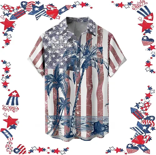 Vista 2 de Camisa hawaiana con estampado de árbol de coco para hombre, bandera americana, manga corta, con botones, camisas de playa para hombre, camisas