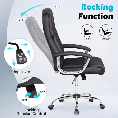 Vista 5 de Giantex Silla de oficina ergonómica, silla ejecutiva tapizada de cuero con reposabrazos acolchados y respaldo mecedor, silla de escritorio