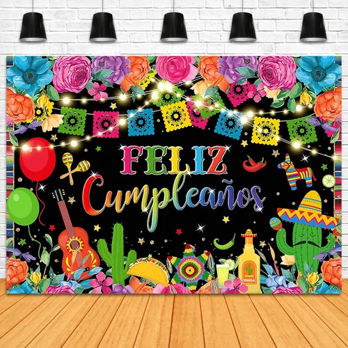 Vista 4 de Telón de fondo de Feliz Cumpleaños de 7 x 5 pies, fiesta mexicana, decoración de fiesta de feliz cumpleaños, cartel de fiesta de cumpleaños