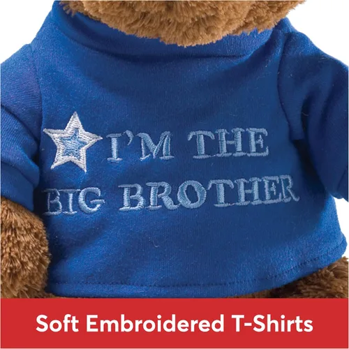 Vista 2 de GUND Oso de peluche con mensaje "Soy el hermano mayor" con camiseta azul, oso de peluche para niños de 1 año en adelante, color marrón, 30 cm