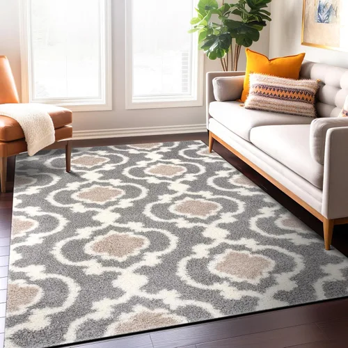 Vista 12 de Alfombra de área peluda para interior, cómoda, estilo entretejido marroquí, Polipropileno, Gris/Crema