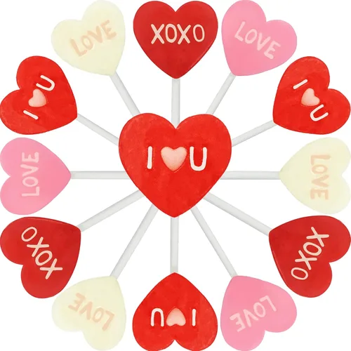 Vista 5 de Fruidles Chupón de piruletas de San Valentín, labios rojos, Be Mine & Love You, chupadores de corazón, envueltos individualmente (paquete de 24)