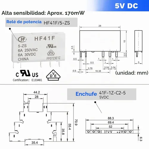 Vista 6 de Relé electromagnético 5VDC SPDT 6Amp, relés de alimentación con indicador LED, base de enchufe, riel DIN, ultra delgado de 6.2mm, certificación UL