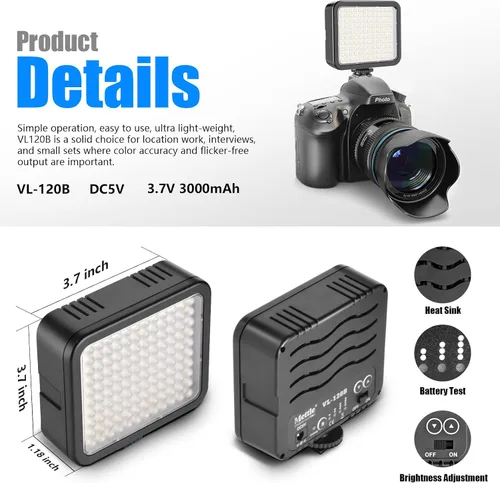 Vista 5 de Mettlelite VL120B Kit de luz LED de video regulable, continuo, portátil, para cámara, iluminación de fotografía, luz de video recargable con trípode