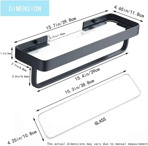 Vista 3 de Estante de vidrio templado para baño de 15.7 pulgadas con toallero, organizador de ducha de aluminio montado en la pared, gabinete de almacenamiento