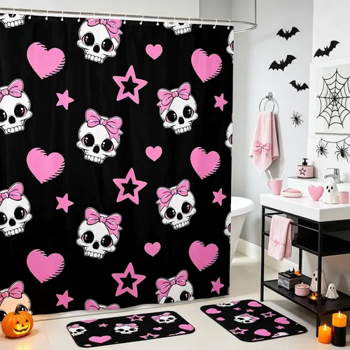 Vista 20 de Happy Halloween Shower Curtain,Bowknot Snowflake Pattern Bathroom Curtains,Sweet Ghost Holiday Theme Waterproof Bath Curtain,Black Bathroom Curtains