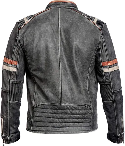 Vista 2 de Chaqueta de cuero negro para hombre - Vintage Biker Cafe Racer Real Lambskin Negro Chaquetas de motocicleta para hombre