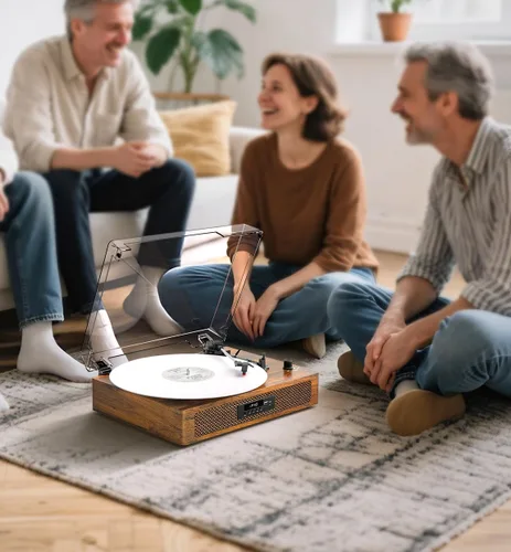 Vista 6 de Reproductor de discos de vinilo de tamaño extendido con reproducción Bluetooth, altavoces integrados, grabación USB, pantalla LED, tocadiscos