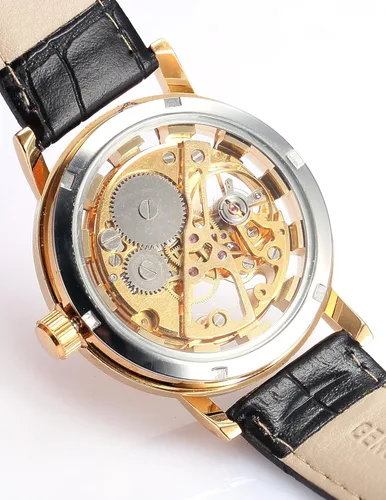 Vista 3 de Reloj de pulsera mecánico para hombre, correa de cuero con cuerda de esqueleto, Oro, Mecánico