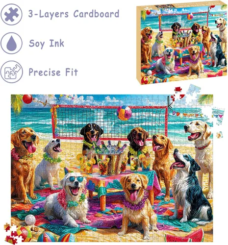 Vista 4 de Rompecabezas para adultos de 1000 piezas, rompecabezas de perro de 1000 piezas – Doggo Beach Bash, rompecabezas de decoración de fiesta