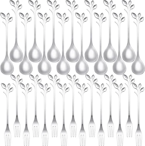 Vista 8 de Juego de 40 piezas de cuchara de café de hoja de acero inoxidable y tenedor de aperitivo, cuchara de postre, mini utensilios de postre plateados
