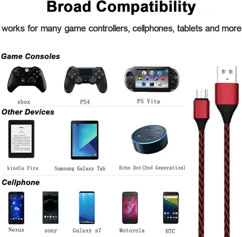 Vista 7 de TPLTECH Cable de carga para controlador de PS4, 2 unidades-15 pies Cable de carga rápido trenzado de nailon micro USB 2.0, cable de carga