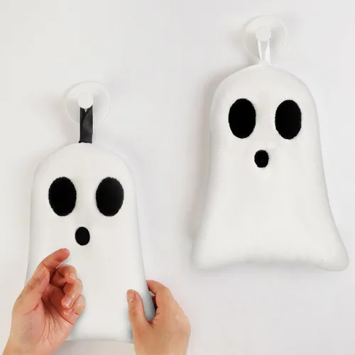 Vista 2 de Quera Paquete de 2 toallas de mano con diseño de fantasmas de Halloween, bordadas, decoración de lujo, para baño, juego de toallas decorativas