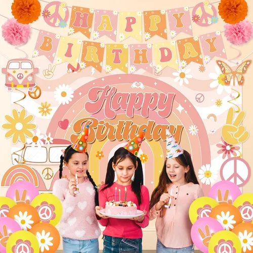 Vista 6 de Decoraciones de cumpleaños geniales para niñas y niños, retro hippie margarita, pancarta de feliz cumpleaños, telón de fondo de panal de abeja