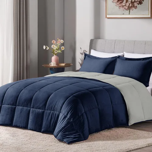 Vista 8 de LOVTEX Juego de edredón de 3 piezas, microfibra lavada ultrasuave, alternativa reversible al plumón con 2 fundas de almohada (gris/carbón)