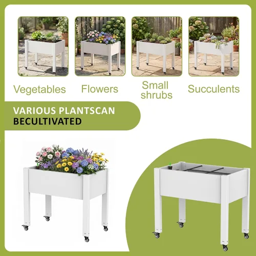 Vista 5 de PatioZen Raised Garden Bed with Legs, Raised Planter Box with Lockable Wheels &Self-Watering, Drainage Plug for Vegetables Flowers, Rustproof Resin