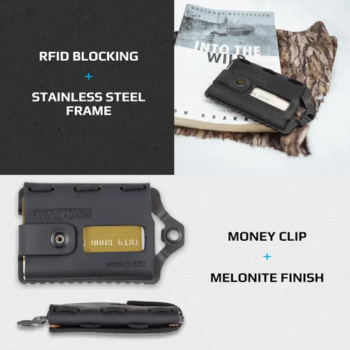 Vista 4 de Trayvax Element Wallet, RFID bolsillo frontal para tarjetas de crédito con clip para dinero, cartera minimalista de cuero delgado de metal