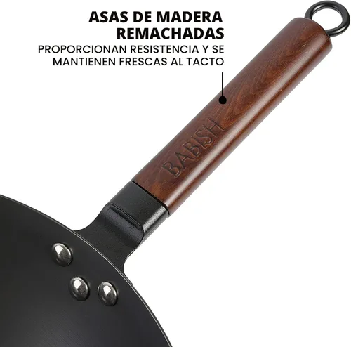 Vista 3 de Babish Wok de acero al carbono con fondo plano y sartén para saltear, 14 pulgadas