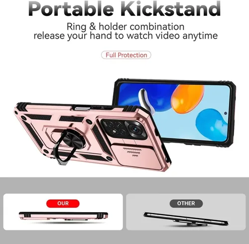 Vista 4 de Para Redmi Note 11 (4G)/Redmi Note 11S con protector de pantalla de vidrio templado y cubierta de cámara deslizante, anillo magnético Soporte de Oro