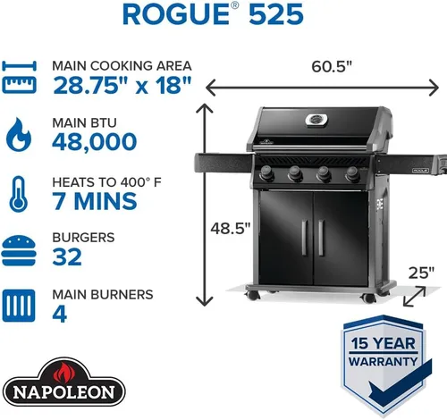 Vista 3 de Napoleon Rogue 525 Parrilla de Gas Natural, Negra, Rejillas de Acero Inoxidable, Barbacoa Resistente de 4 Mecheros
