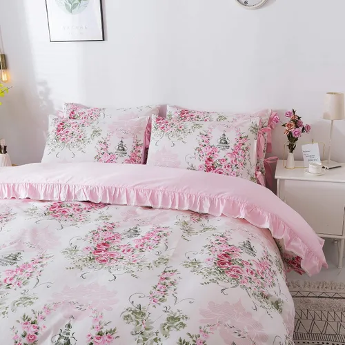 Vista 2 de FADFAY Juego de ropa de cama con funda de edredón floral de rosetón para niñas, 100% algodón, ultra suave, 7 piezas