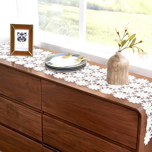 Vista 5 de Camino de mesa de encaje blanco para tocador, camino de mesa de margaritas de comedor de otoño, 13 x 35 pulgadas, mesa de café de té, decoraciones