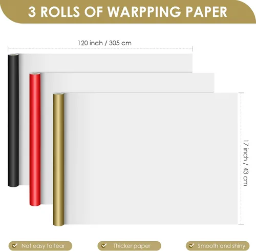 Vista 2 de VISPAD Rollos de papel de regalo, 3 mini rollos de 17 x 120 pulgadas, perfectos para envolver paquetes de regalo, manualidades, envoltura de regalo