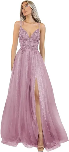 Vista 6 de Vestidos de fiesta de tul con purpurina, apliques de encaje, cuello en V, vestidos largos de noche con tirantes delgados, con abertura