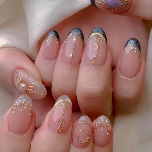 Vista 36 de NBNTGH Uñas postizas a presión de punta francesa blanca, uñas postizas de línea dorada, uñas postizas medianas con diseño de almendra, uñas postizas