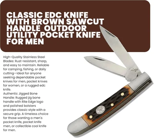 Vista 3 de Rite Edge SZCO - Cuchillo de bolsillo plegable de 2.75 pulgadas de Jig Bone Peanut - Cuchillo de acero inoxidable de 2 hojas para hombres con mango