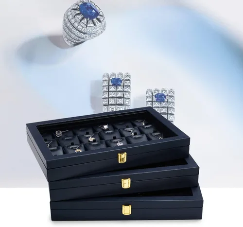 Vista 5 de Oirlv Bandeja de joyería de cuero azul de alta calidad con 24 rejillas con tapa transparente, aretes, anillos, caja organizadora, caja apilable