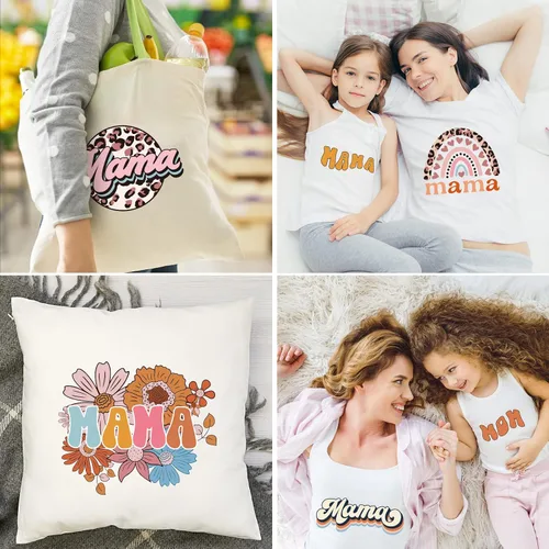 Vista 7 de Whaline 6 hojas de parches para planchar con texto en inglés "Mama Boho, para planchar con estampado de arcoíris, flores, leopardo, mamá", vinilo