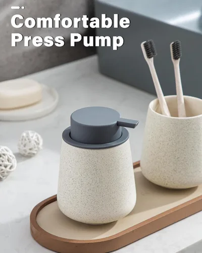 Vista 4 de Lareina Dispensador de jabón de cerámica de 12 onzas, bomba extraíble gris, recargable, diseño moderno para baño y cocina, color beige mate moteado