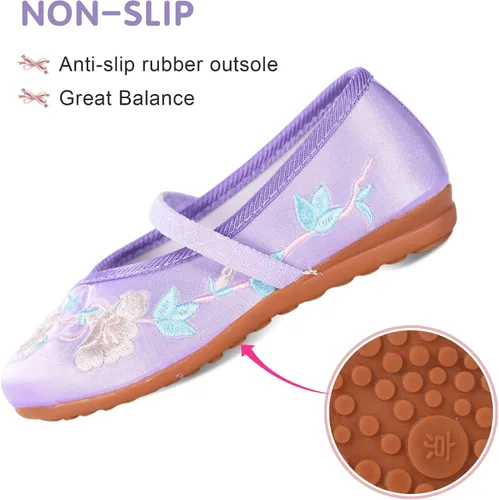 Vista 2 de BESSIVIC Zapatos de vestir para niñas, zapatos Mary Jane para niñas con tacón bajo, zapatos planos de ballet de flores de princesa para bodas