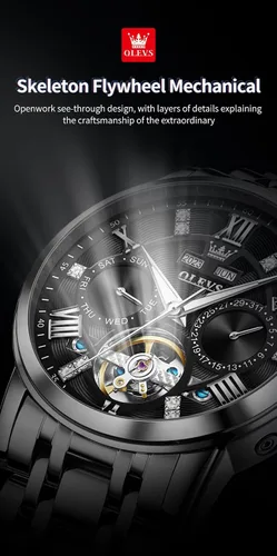 Vista 10 de OLEVS Relojes automáticos para hombre, oro de lujo, vestido de diamantes de cuerda automática, esqueleto mecánico, Tourbillon, reloj de pulsera