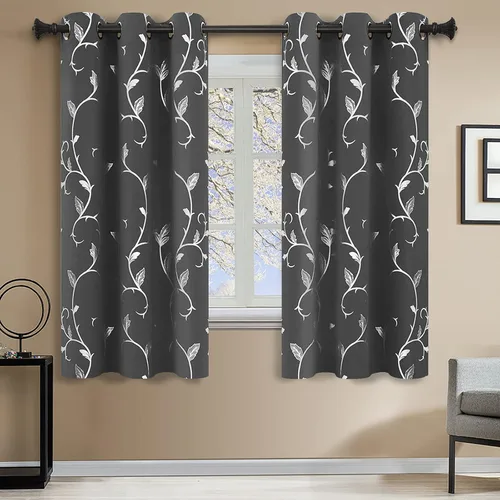 Vista 112 de BUHUA Juego de 2 paneles de cortinas opacas con estampado de vid plateada, cortinas con aislamiento térmico para oscurecer la habitación
