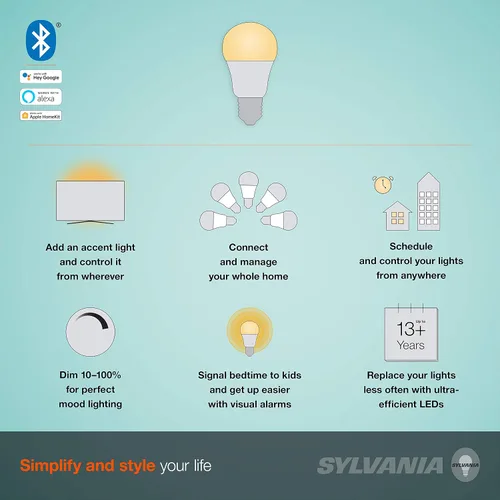 Vista 6 de LEDVANCE Sylvania Smart+ Bluetooth - Bombilla LED A19 blanca suave, compatible con Alexa, Apple HomeKit y Google Assistant, 1 paquete