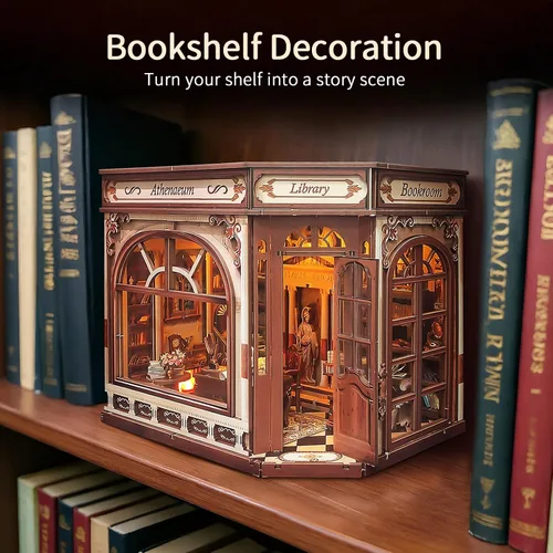 Vista 5 de BELEEV Kit de rincón de libros – Librero de madera en miniatura con luces LED, puerta que se puede abrir, rompecabezas 3D, decoración de estantería