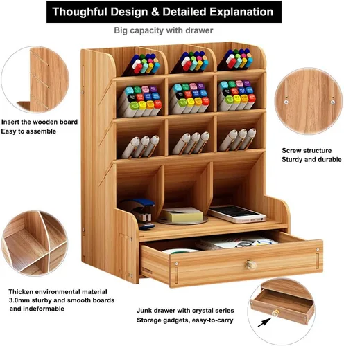 Vista 4 de Organizador Marbrasse de madera para escritorio, portaplumas multifuncional de bricolaje, organizador para escritorio, papelería de escritorio