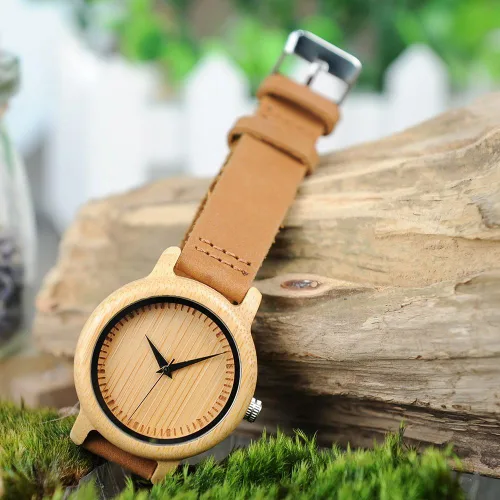 Vista 17 de BOBO BIRD Reloj de madera de bambú para hombre y mujer con correa de cuero de vaca marrón, relojes casuales de cuarzo analógico