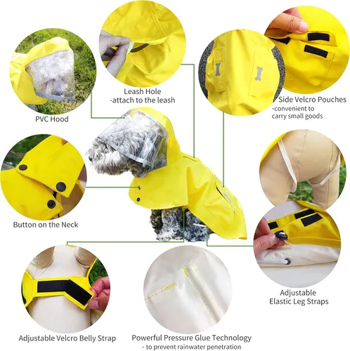 Vista 4 de Impermeable para perro con poncho con capucha, chaqueta de lluvia amarilla ajustable de alto reflejo, con agujero para correa para perros pequeños