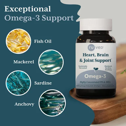 Vista 4 de Ruved 1000mg Omega-3, Omega 3 puro y potente para el bienestar diario, ácidos grasos esenciales para el cerebro, las articulaciones y la salud