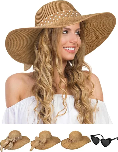 Vista 16 de Sombreros de paja Sun Beach para mujer, sombrero de ala ancha de verano 2-Beige